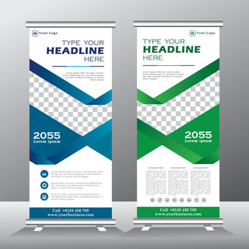 Roll up banner template design for business, modern x-banner with blue and green and standees banner advertising. Vertical banner template with image spaces, illustration