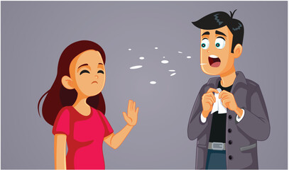 Man Spreads Viruses Sneezing At Woman Defending Herself Vector Cartoon. Careless person spreading infections left and right during epidemic crisis
