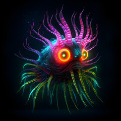 Deep sea neon alien fish with bright glowing eyes 