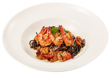 Black squid pasta stir fried with tiger shrimp and dried chilli (Thai Style) in white plate isolated on white background.