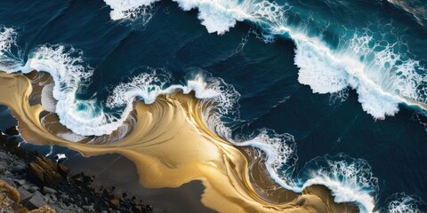Abstract representation of golden waves crashing on a dark blue shore.