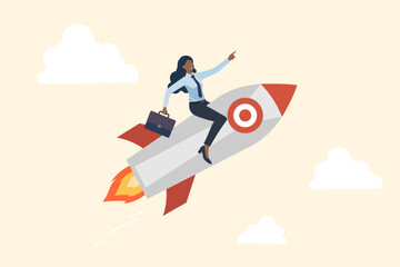 The concept of a leader, manager, and businesswoman is being discussed by many people, African American business woman riding rocket and leader pointing direction business,successful strategies search