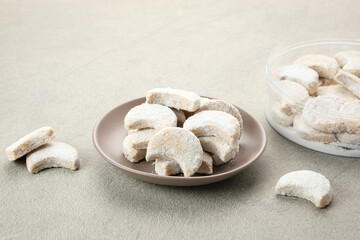 Kue Putri Salju or Snow White Cookies with crescent shaped. Made from flour, sugar and butter...