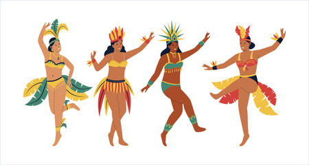 Set collection of female Brazilian samba dancers. Woman in carnival costume. Vector flat illustration