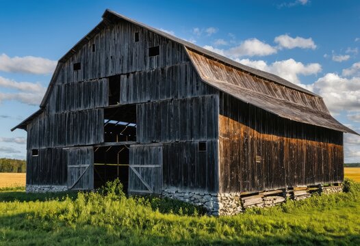 An old, weathered barn made of dark wood