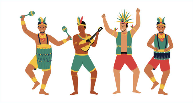 Set collection of male Brazilian samba dancers. Male in carnival costume. Vector flat illustration