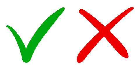 Hand drawn of Green check mark and Red cross isolated. Right and wrong icon. Vector illustration. - obrazy, fototapety, plakaty