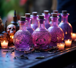Obraz na płótnie Canvas a mystical tabletop display featuring pink Halloween potion bottles with skulls