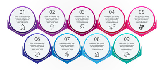 simple infographic design, 9 step infographics that are interconnected with icons, symbols, text combined with harmonious colors, good for your business presentation