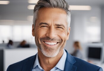 Naklejka premium standing in a modern office setting. The 50-year-old professional exudes confidence and experience, his smile radiating positivity. Close-up portrait shot