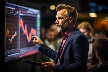 Forex trading expert giving a presentation at a financial conference, Generative AI
