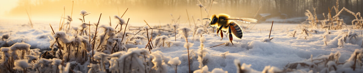 A Banner Photo of a Bee in a Winter Setting - obrazy, fototapety, plakaty