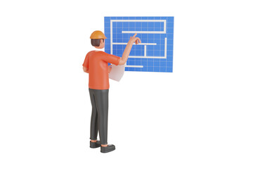 Contractor Looking Blue Print 3D Illustration. Construction Worker Looking at the Building Design. Builder with house plan 3D Illustration