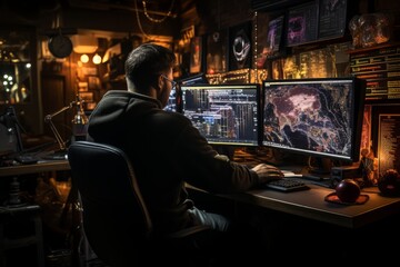 Obraz premium Trader analyzing currency charts on multiple computer screens, Generative AI