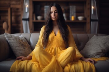 Beautiful Young Woman Practicing Relaxation Yoga with Serene Composure in Her Cozy Living Room