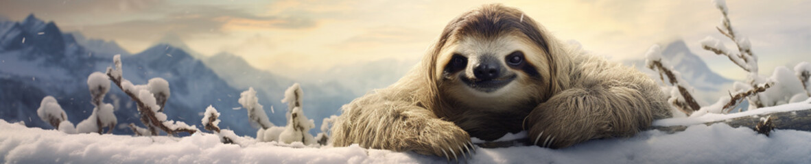 Fototapeta premium A Banner Photo of a Sloth in a Winter Setting