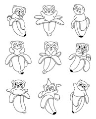 Cute kawaii panda in banana. Coloring Page. Funny animal with smiley face. Hand drawn style. Vector drawing. Collection of design elements.