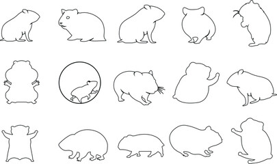  Hamster, line art vector illustration set, perfect for coloring books, children’s books, and design projects. Features 15 different hamster poses in black and white style.