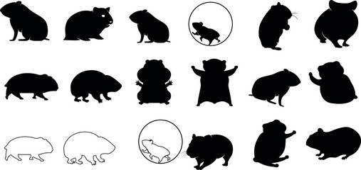 Hamster silhouette vector set, black and white. Perfect for pet lovers, animal-themed designs. Illustrations show hamsters in different poses: running, standing, sitting, sleeping, eating, in a wheel