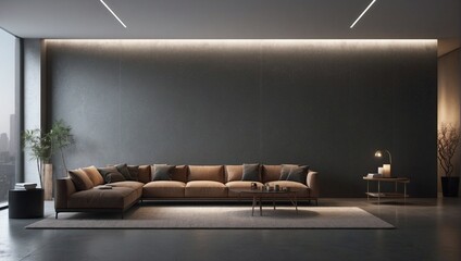 Gray empty wall with built-in lighting and floor lamp. Modern stylish neutral background for presentation. Generative AI