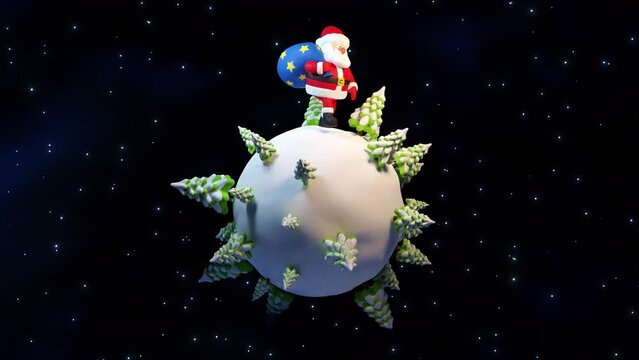 Santa Claus with a gift bag walks on a snowy planet with Christmas trees. Clay Santa. Animation with plasticine stop motion effect.