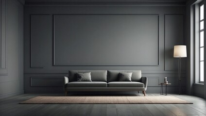 Gray empty wall with built-in lighting and floor lamp. Modern stylish neutral background for presentation. Generative AI - obrazy, fototapety, plakaty