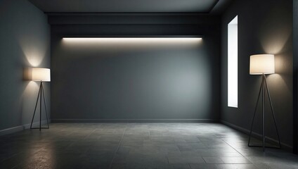 Gray empty wall with built-in lighting and floor lamp. Modern stylish neutral background for presentation. Generative AI