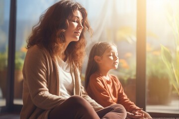 Middle-aged woman and daughter enjoying relaxing time at home in bright daylight