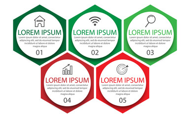 simple infographic design, 5 step infographics that are interconnected with icons, symbols, text combined with harmonious colors, good for your business presentation