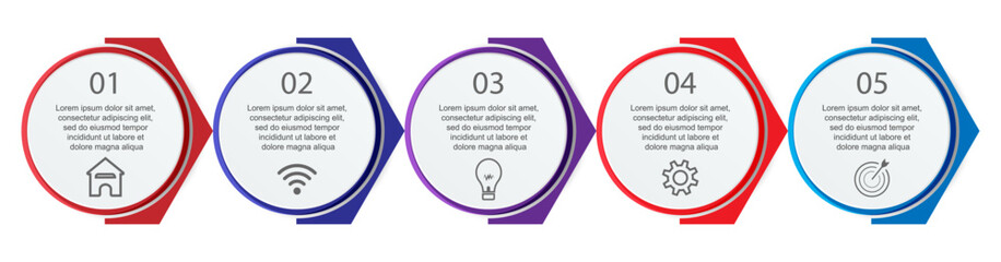 simple infographic design, 5 step infographics that are interconnected with icons, symbols, text combined with harmonious colors, good for your business presentation
