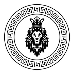 Circular emblem style lion head with the royal crown logo design. Can be used for stamps, logos, tattoos, and printing on shirts and mugs