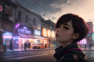 side view girl with street city background and neon ligh. beautiful girl with colorful light t ai generated