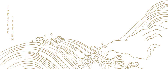 Japanese background with hand drawn wave elements vector. Gold hand drawn line pattern with ocean object in vintage style