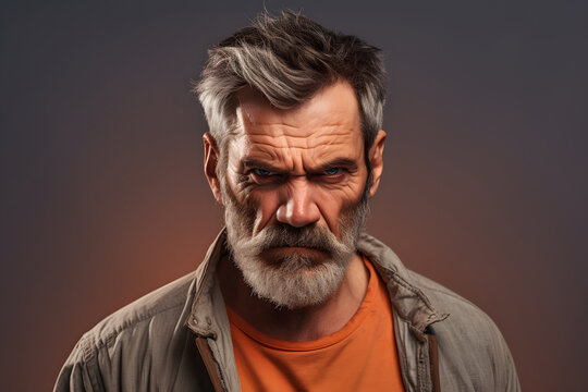 Angry mature Caucasian man, head and shoulders portrait on grey background. Neural network generated photorealistic image. Not based on any actual person or scene.
