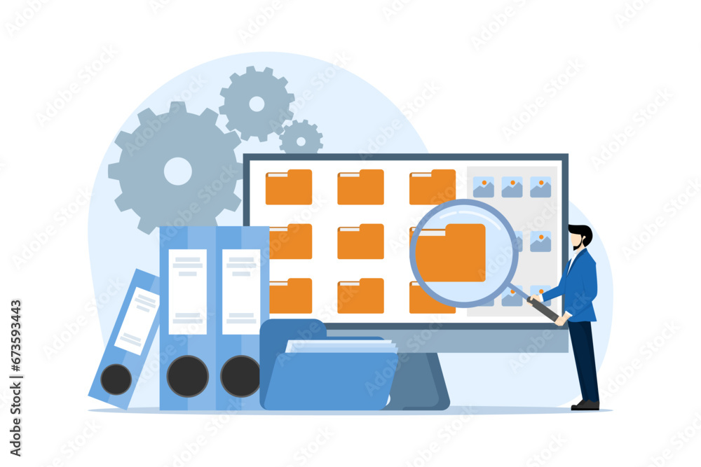 Poster file manager and data storage concept. file management administration, data archiving concept, folde