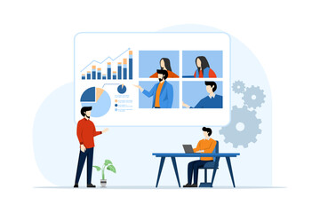 business presentation concept. People present a project by showing graphs on flipcharts and showing laptops. Exchange ideas. Flat vector illustration on white background.