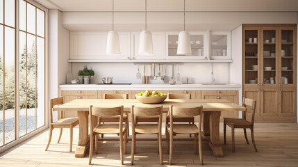 Interior of kitchen with white counter and cabinets in modern house
