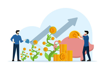 Concept of investment, growth, funds, finance and accounting, trading, financial growth, Characters analyzing investment, financial success and money growth. flat design vector illustration.