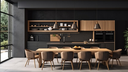 Interior of modern black kitchen with table and wooden chairs around.