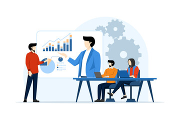 business presentation concept. People present a project by showing graphs on flipcharts and showing laptops. Exchange ideas. Flat vector illustration on white background.