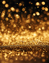 Gold particles fluid with light glitter and golden sparkles glow on background. Magic shine of...