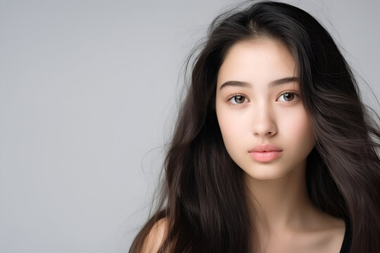 Portrait of a young Asian woman on a white background.The concept of cosmetology, spa, natural makeup.