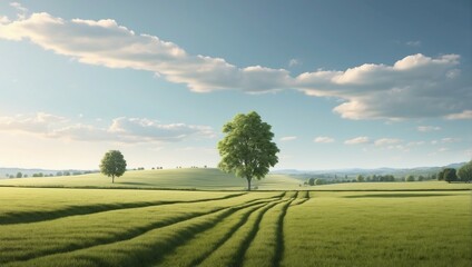 a peaceful landscape, serene rural landscape with lush green fields