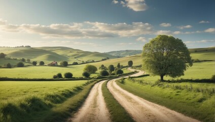 Fototapeta na wymiar a peaceful landscape, serene rural landscape with lush green fields