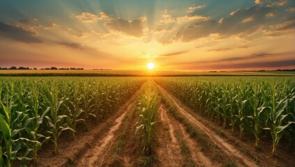 Sunset over rural farm field with barley and corn crops
 - obrazy, fototapety, plakaty