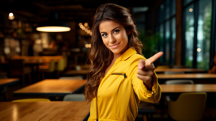 Mujer bella, vestido de amarillo apuntando con su dedo un espacio vacío, en un restaurante...