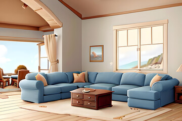 Plush linen sofa living room driftwood accents Watercolor art captures the serene elegance