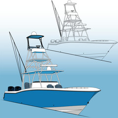 Fishing boat front view, vector, line-art, Illustration