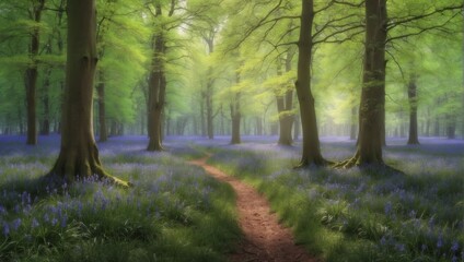a path through a forest filled with bluebells
