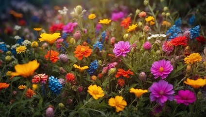 Summer Meadow: Blooming Flowers and Sunny Scenic Landscape

